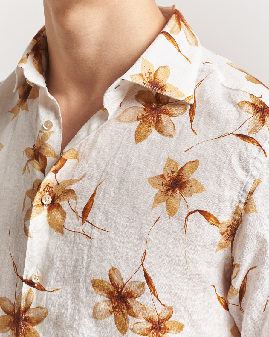 Men | Shirts | Stenströms | Fitted Body Flower Printed Linen Shirt White