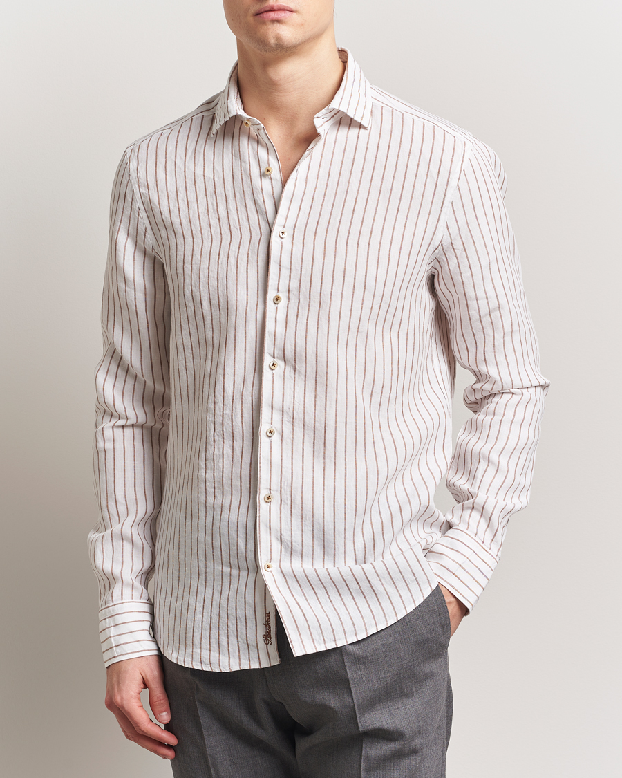 Men | Shirts | Stenströms | Slimline Striped Linen Shirt White/Brown