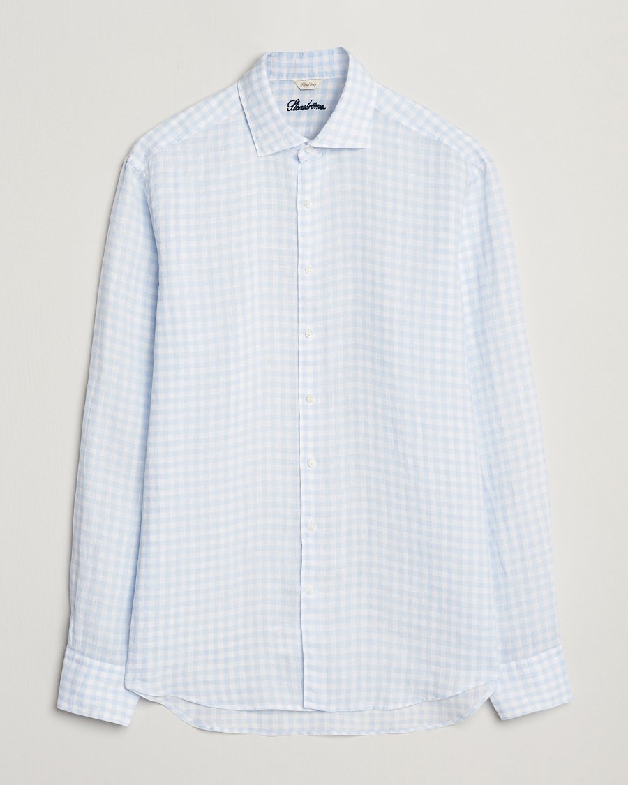Men | Shirts | Stenströms | Fitted Body Checked Linen Shirt Blue