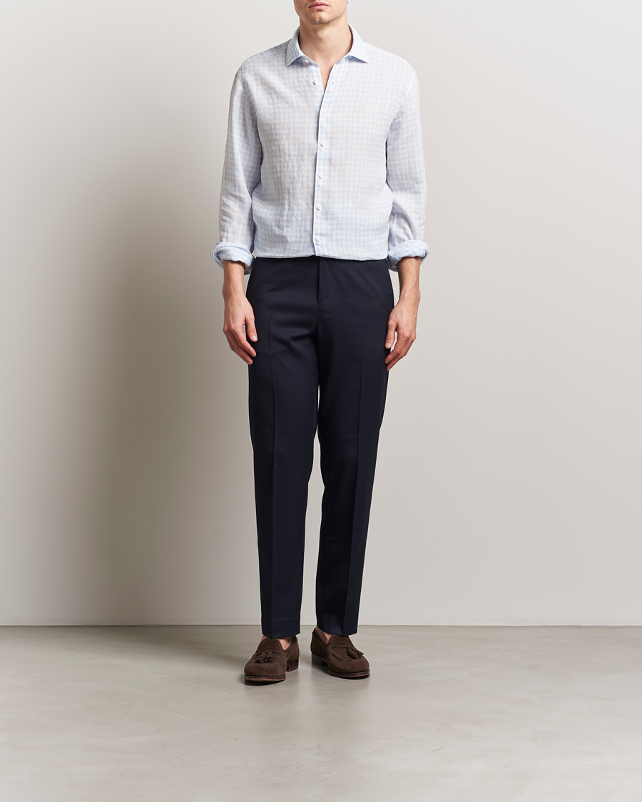 Men | Shirts | Stenströms | Fitted Body Checked Linen Shirt Blue