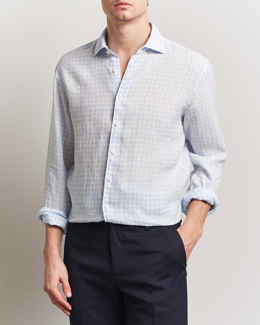 Men | Shirts | Stenströms | Fitted Body Checked Linen Shirt Blue