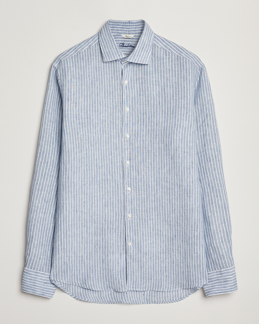 Men | Shirts | Stenströms | Fitted Body Striped Linen Shirt Blue