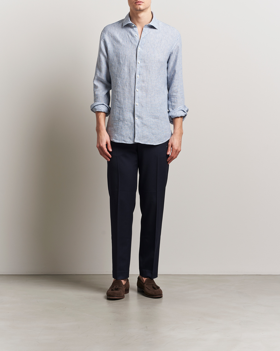 Men | Shirts | Stenströms | Fitted Body Striped Linen Shirt Blue