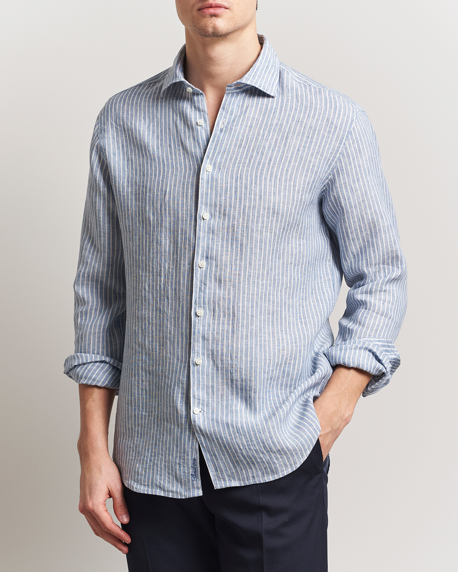 Men | Shirts | Stenströms | Fitted Body Striped Linen Shirt Blue