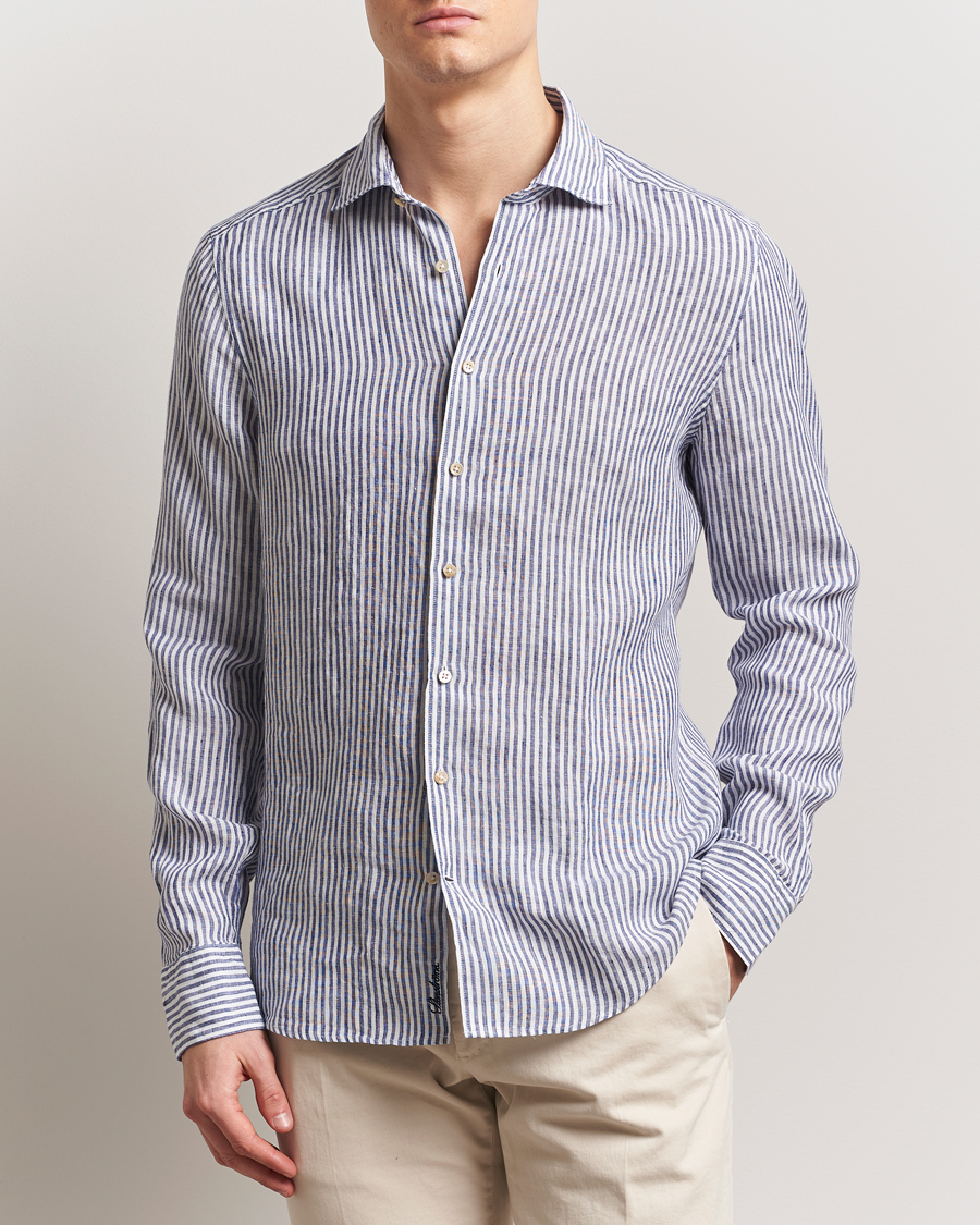 Men | Shirts | Stenströms | Slimline Cut Away Striped Linen Shirt Dark Blue