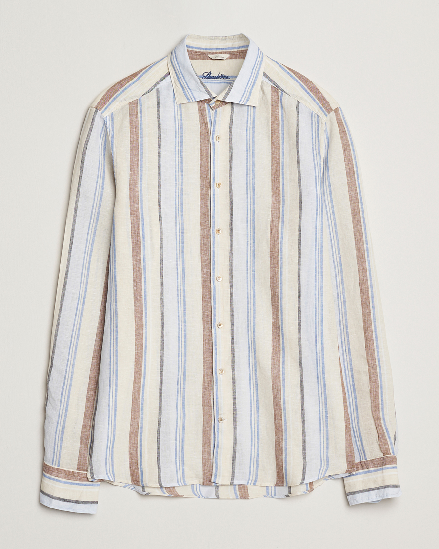 Men | Shirts | Stenströms | Slimline Multi Striped Linen Shirt Beige