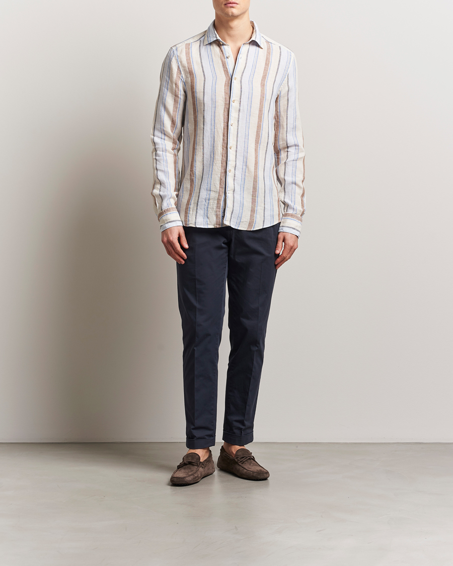 Men | Shirts | Stenströms | Slimline Multi Striped Linen Shirt Beige