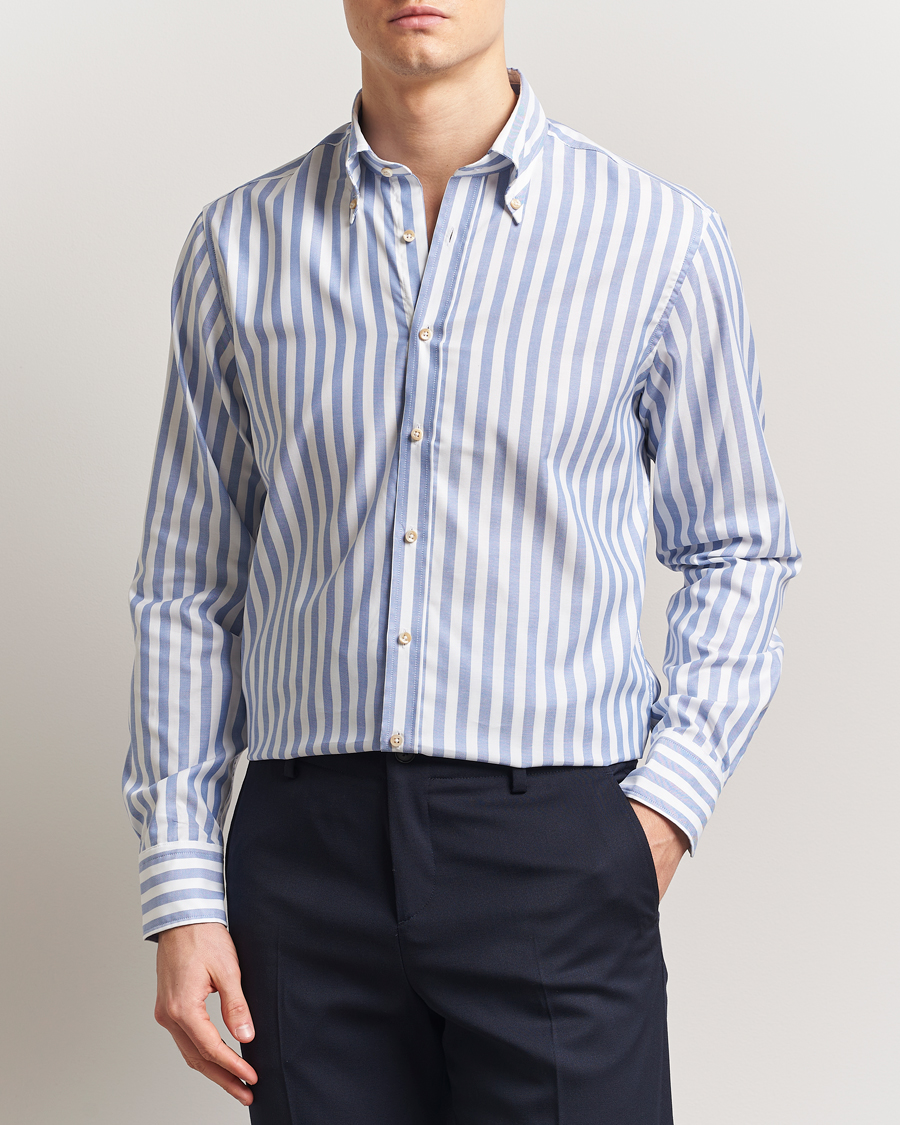 Men | Shirts | Stenströms | Fitted Body Wide Stripe Oxford Shirt Blue