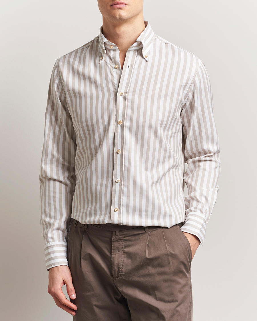 Men | Shirts | Stenströms | Fitted Body Wide Stripe Oxford Shirt Beige