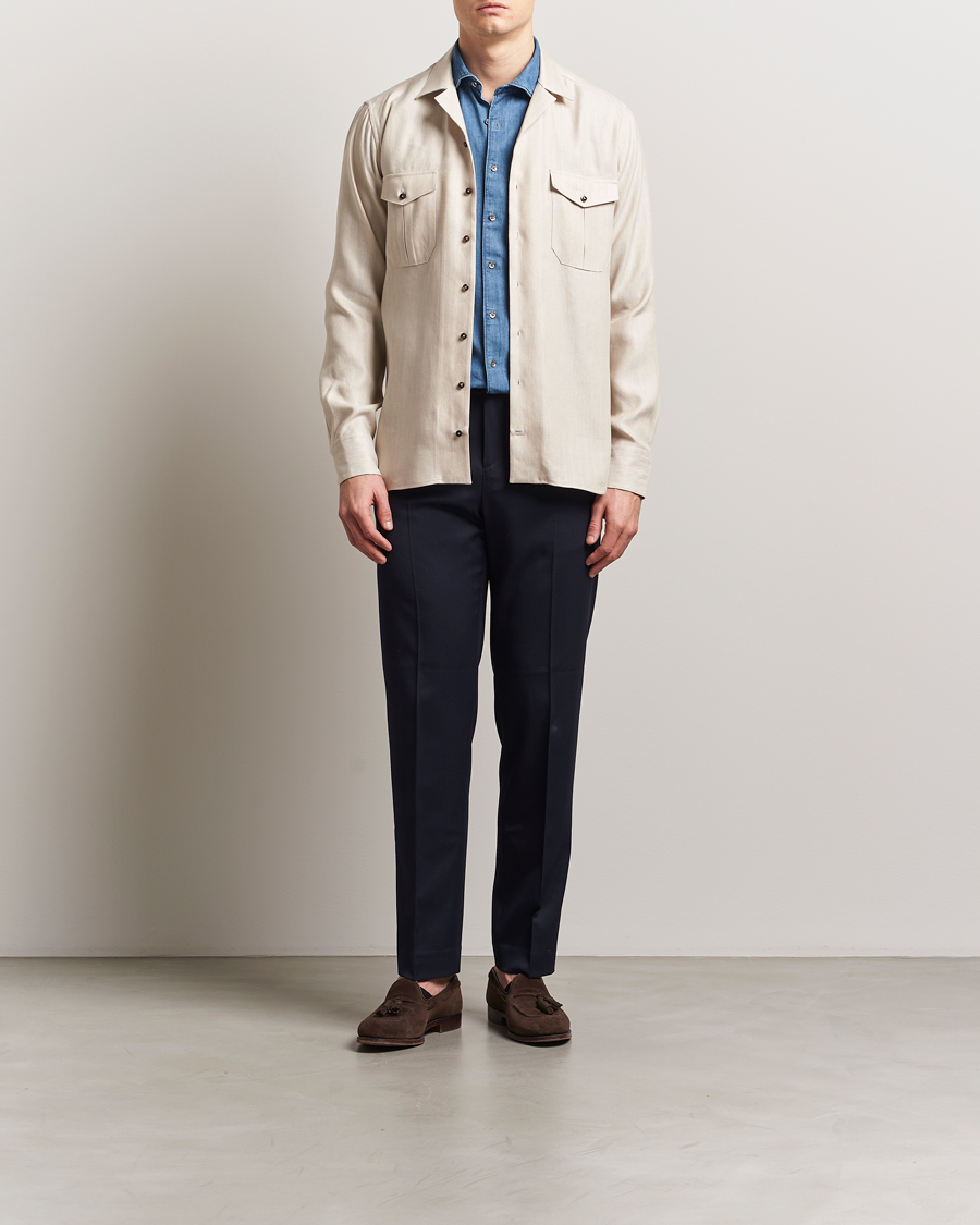 Men | Shirts | Stenströms | Cotton/Lyocel Herringbone Overshirt Beige