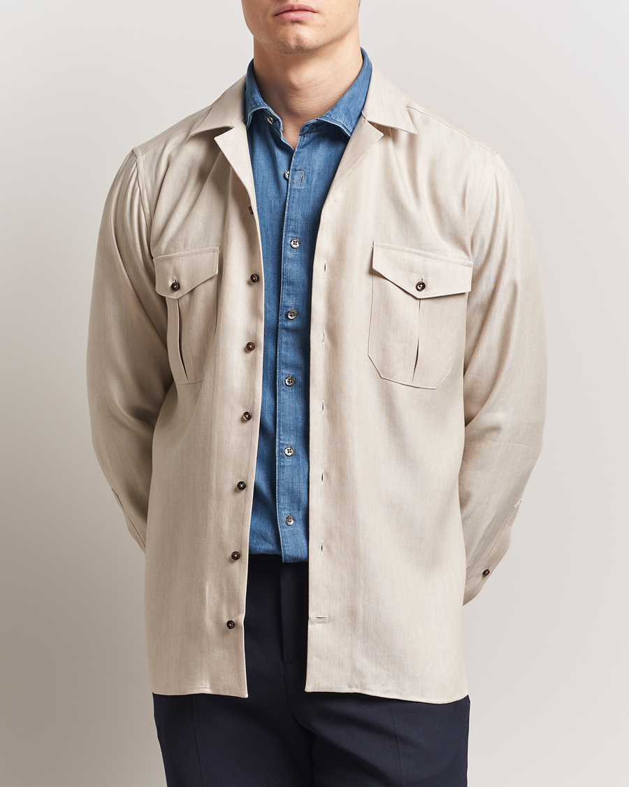 Men | Shirts | Stenströms | Cotton/Lyocel Herringbone Overshirt Beige