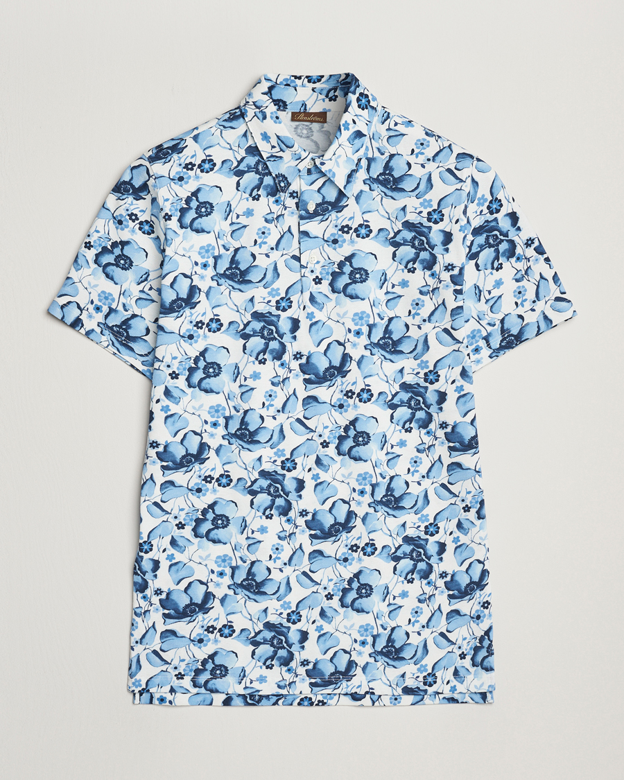 Men | Polo Shirts | Stenströms | Cotton Pique Printed Polo Shirt Blue