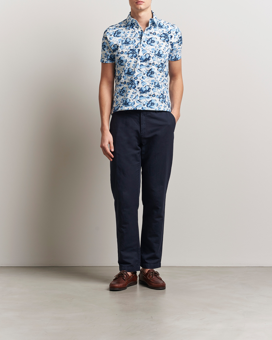 Men | Polo Shirts | Stenströms | Cotton Pique Printed Polo Shirt Blue