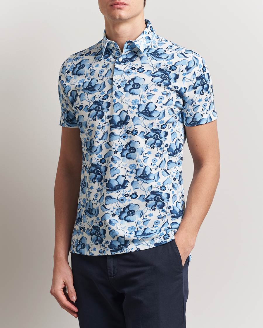 Men | Polo Shirts | Stenströms | Cotton Pique Printed Polo Shirt Blue