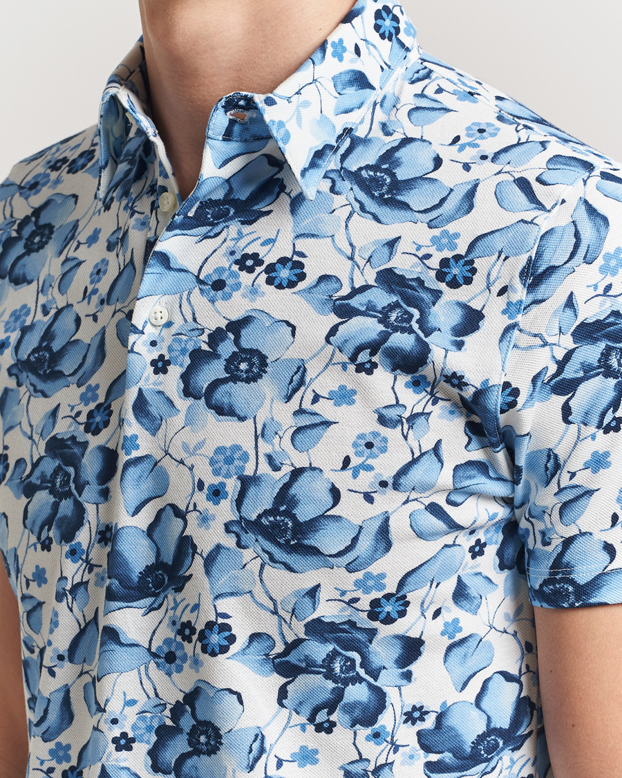 Men | Polo Shirts | Stenströms | Cotton Pique Printed Polo Shirt Blue