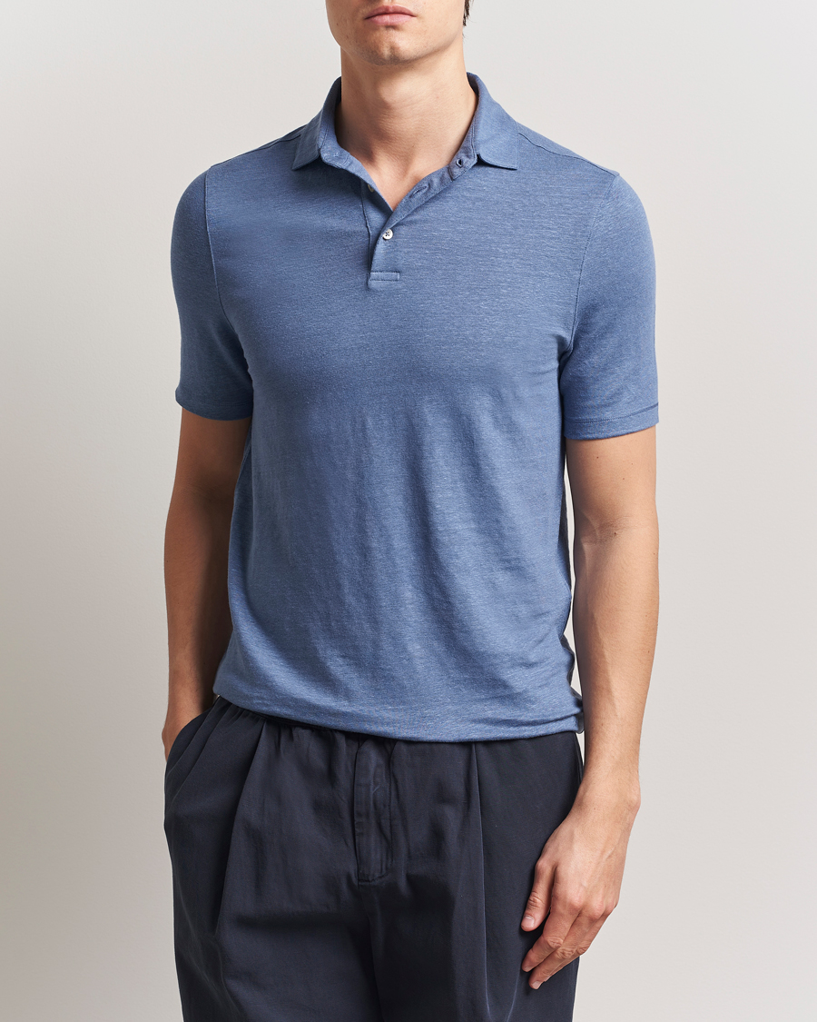 Men | Polo Shirts | Stenströms | Linen Polo Shirt Mid Blue