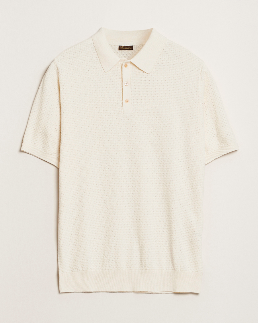 Men | Polo Shirts | Stenströms | Knitted Textured Cotton/Hemp Polo White