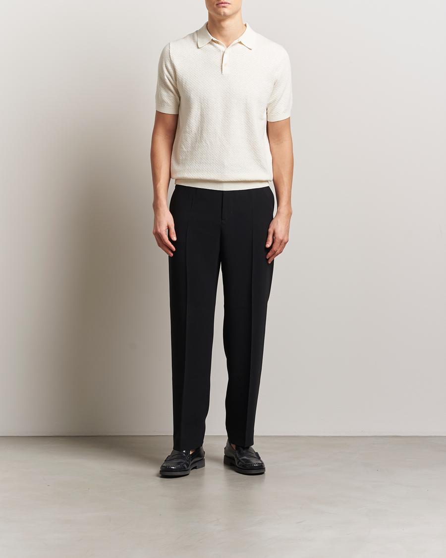 Men | Polo Shirts | Stenströms | Knitted Textured Cotton/Hemp Polo White
