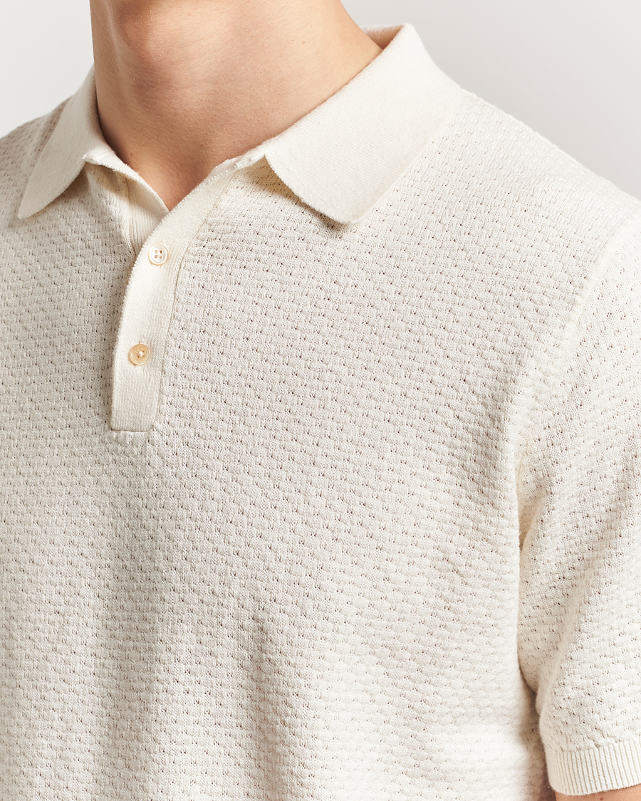 Men | Polo Shirts | Stenströms | Knitted Textured Cotton/Hemp Polo White