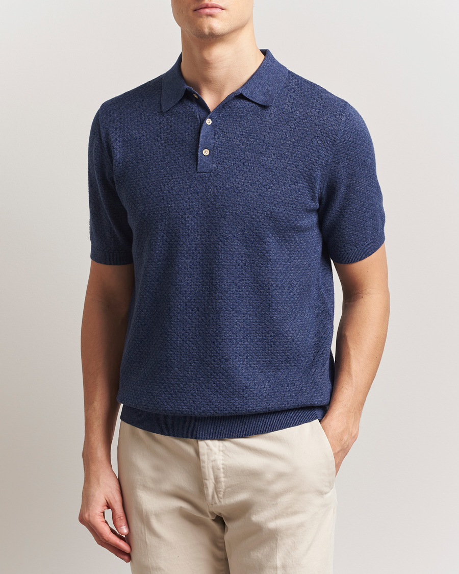 Men | Polo Shirts | Stenströms | Knitted Textured Cotton/Hemp Polo Navy