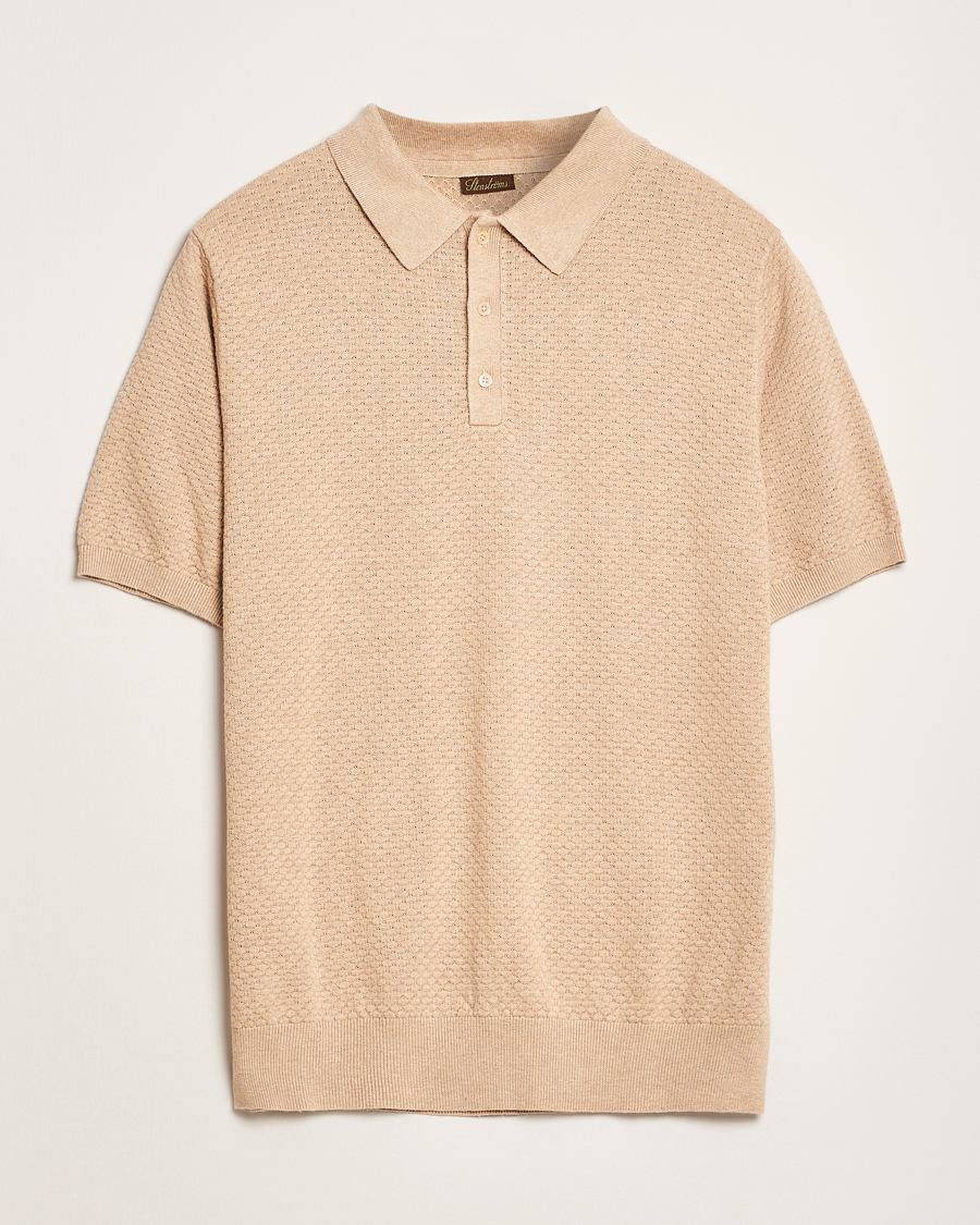 Men | Polo Shirts | Stenströms | Knitted Textured Cotton/Hemp Polo Beige
