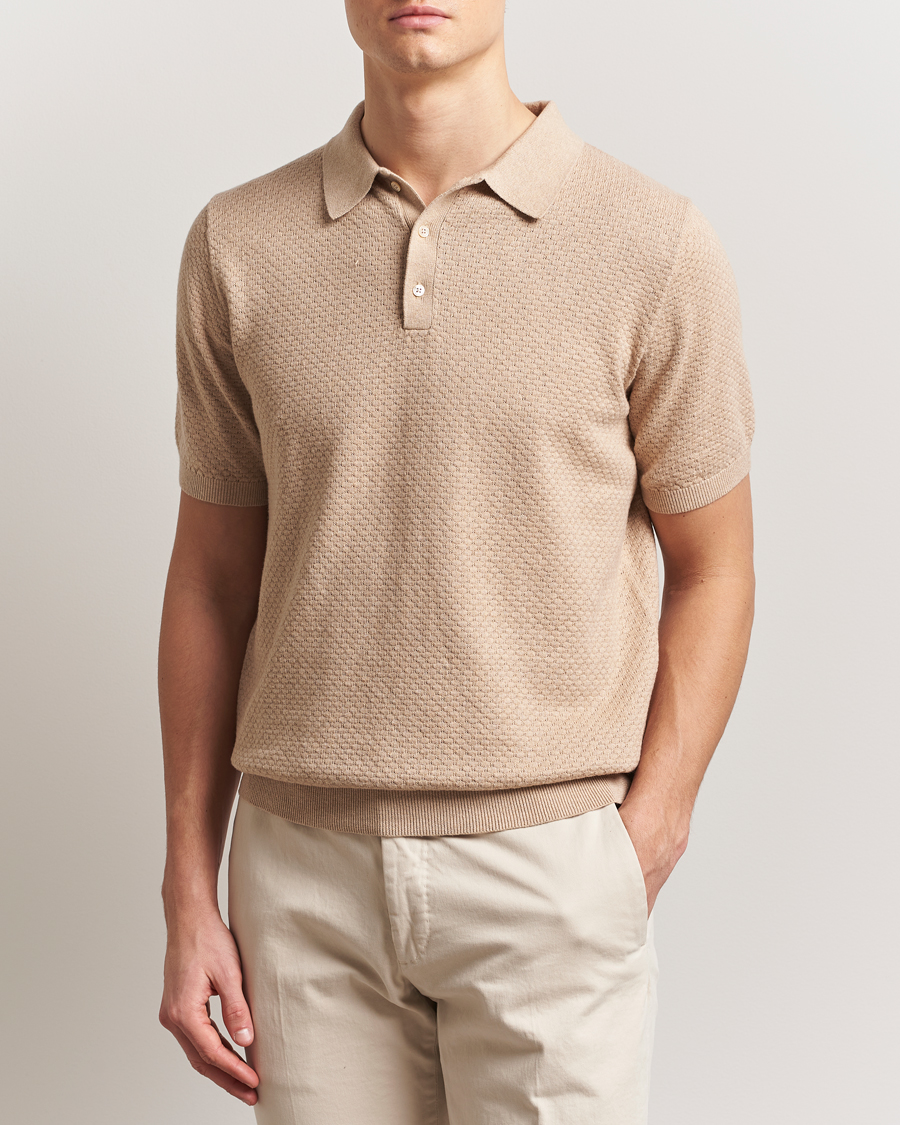 Men | Polo Shirts | Stenströms | Knitted Textured Cotton/Hemp Polo Beige