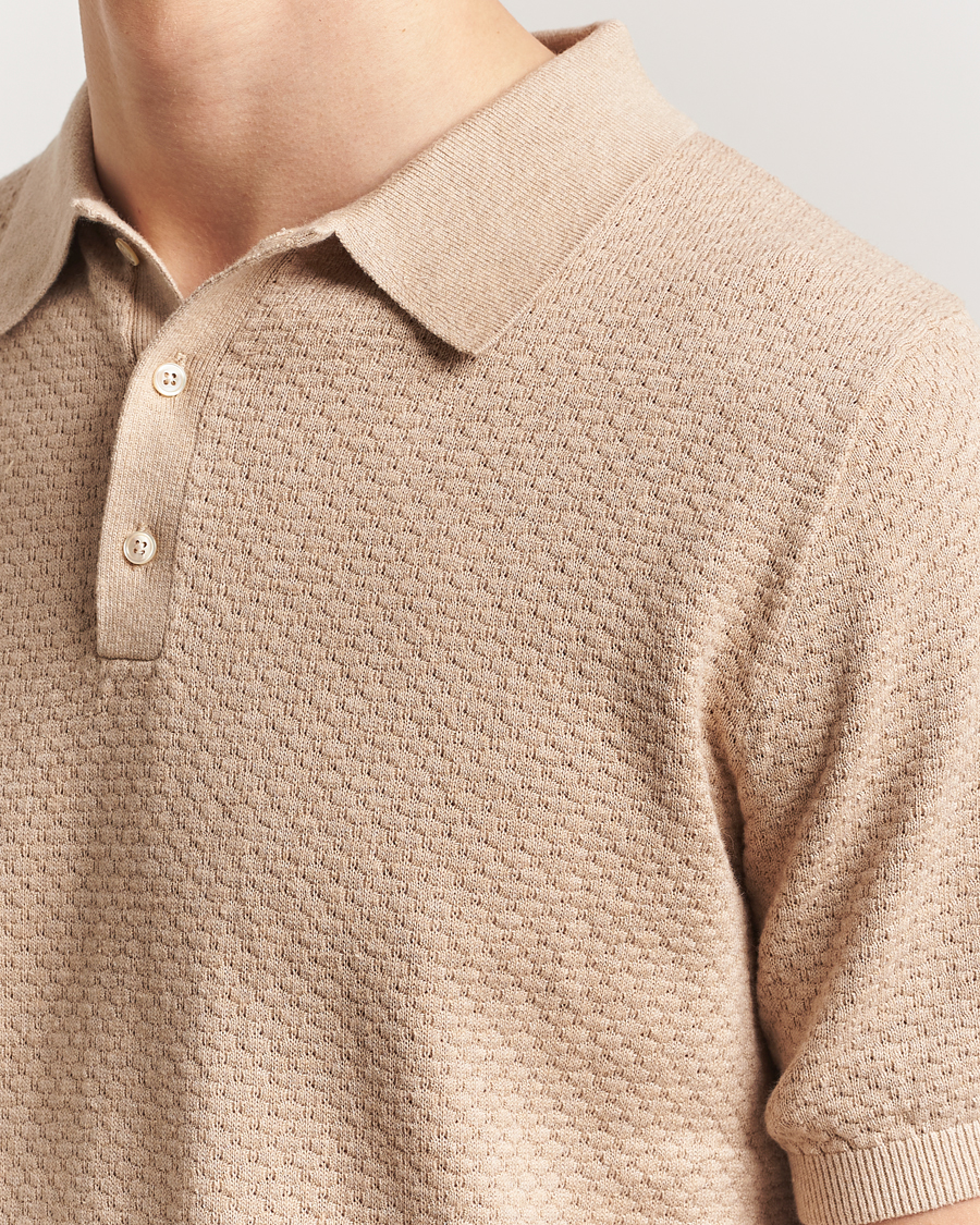 Men | Polo Shirts | Stenströms | Knitted Textured Cotton/Hemp Polo Beige