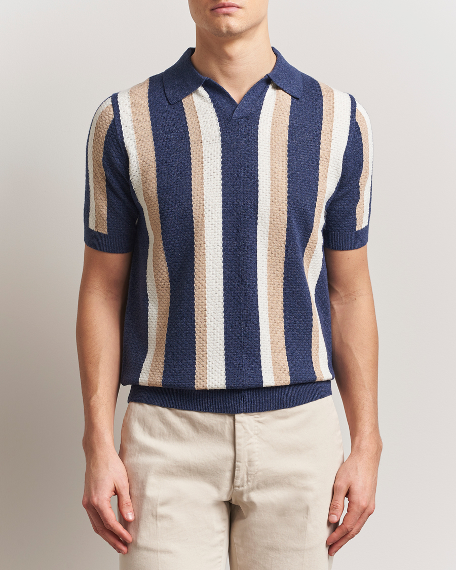 Men | Polo Shirts | Stenströms | Knitted Textured Striped Cotton/Hemp Polo Dark Blue