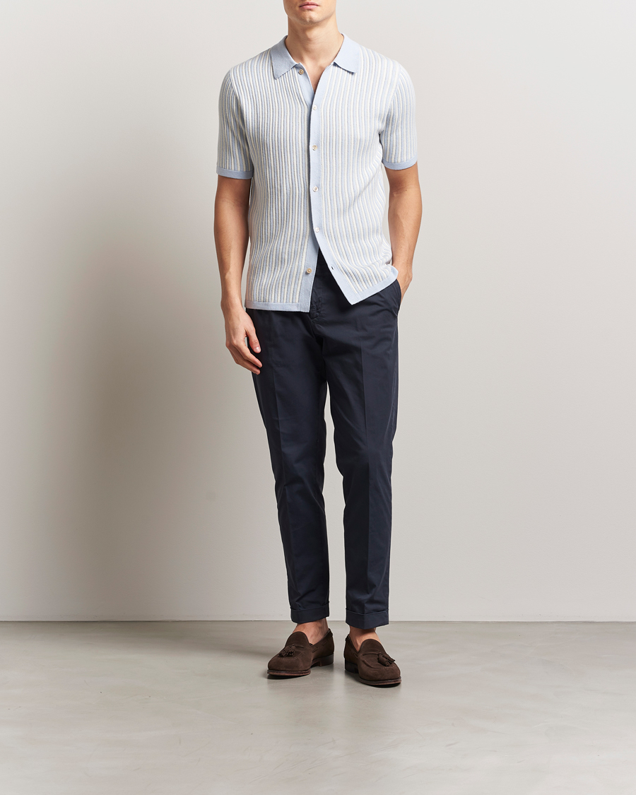 Men | Shirts | Stenströms | Knitted Buttonthru Polo Shirt White/Blue