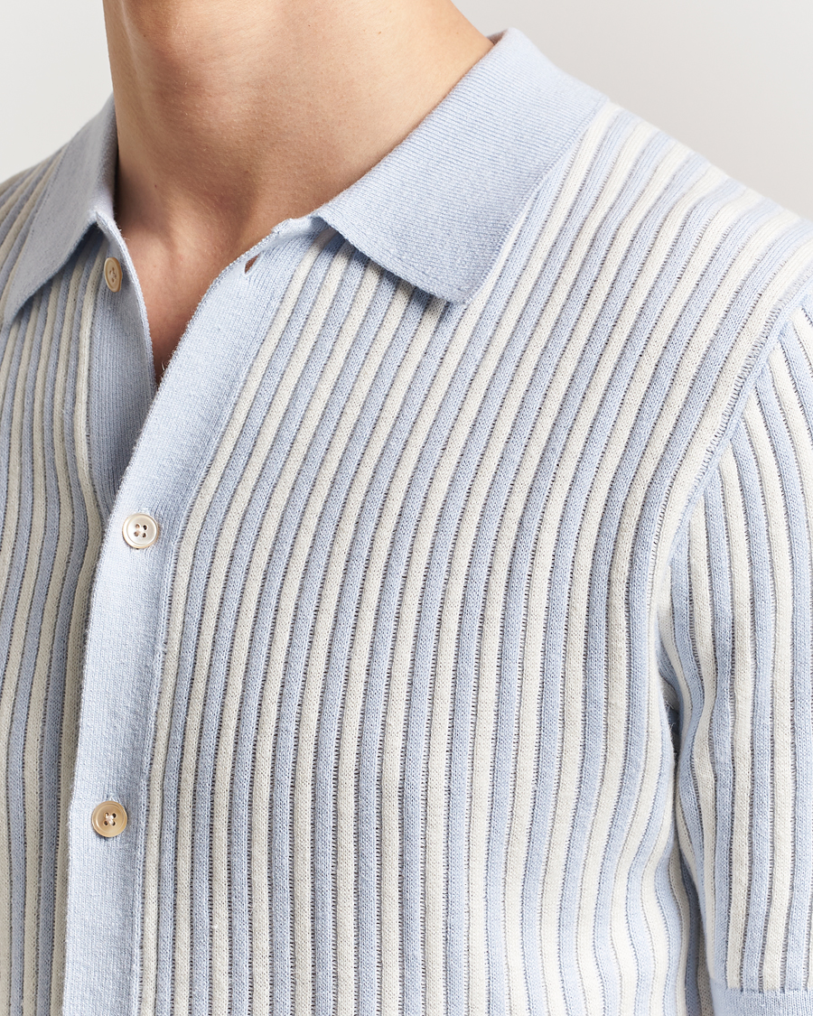 Men | Shirts | Stenströms | Knitted Buttonthru Polo Shirt White/Blue