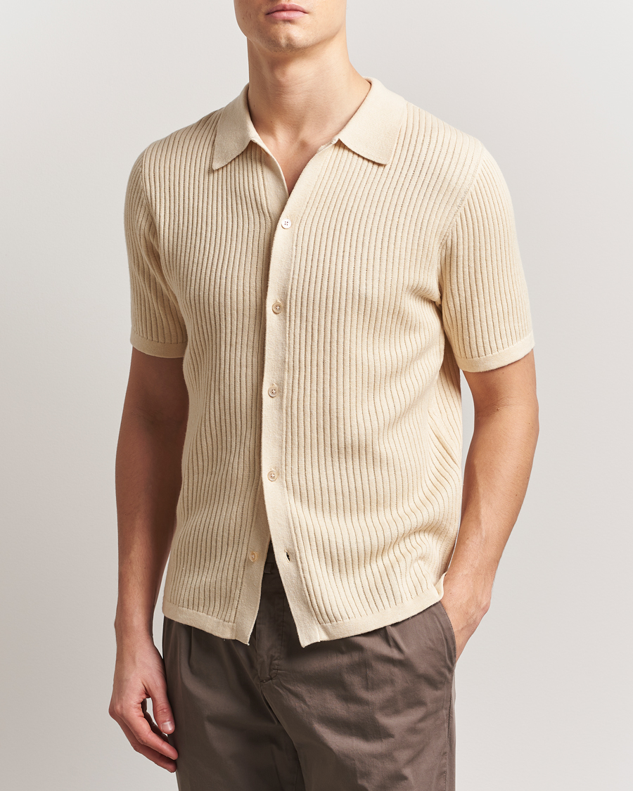 Men | Shirts | Stenströms | Knitted Buttonthru Polo Shirt Beige
