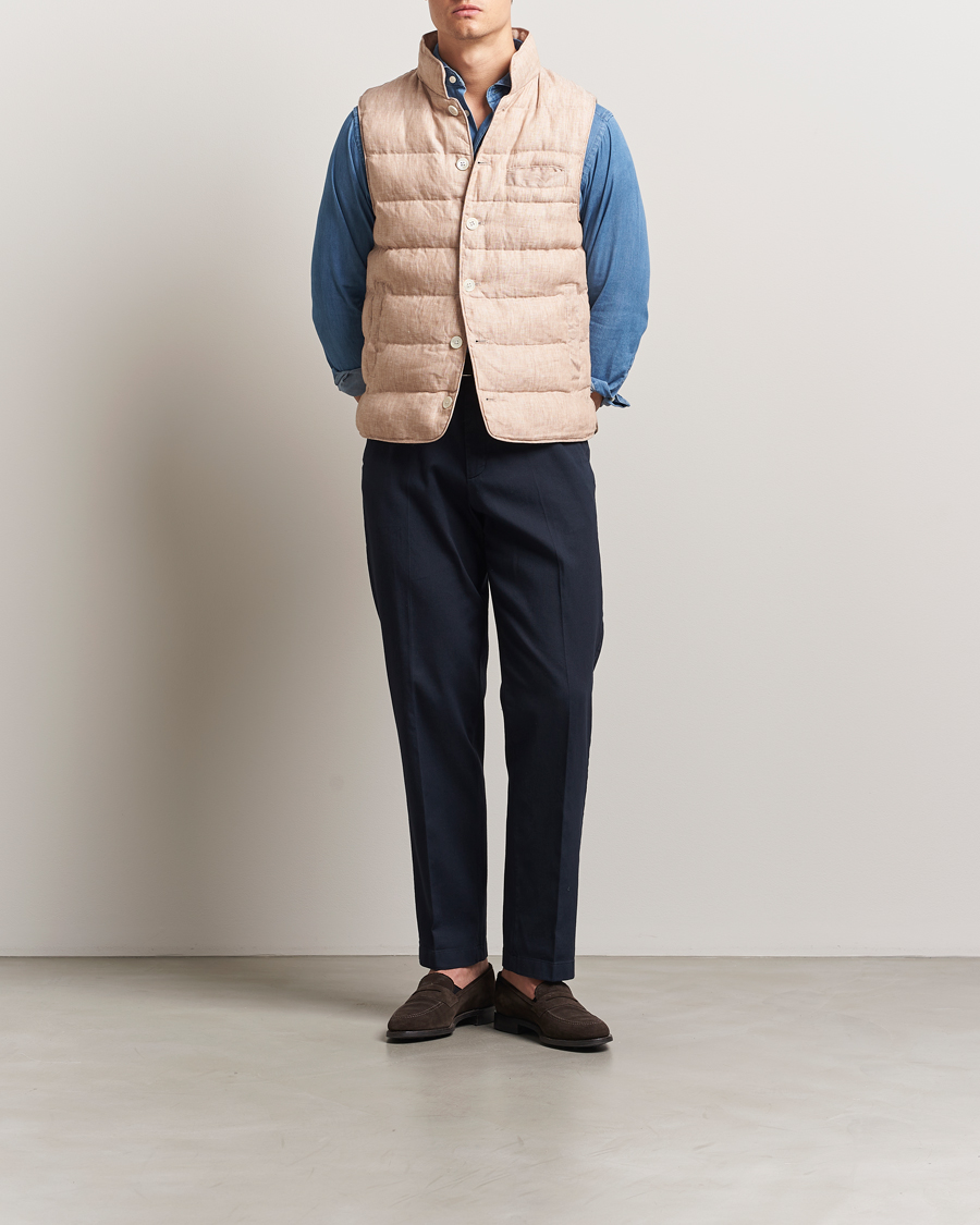 Men | Gilets | Stenströms | Linen Padded Button Vest Beige
