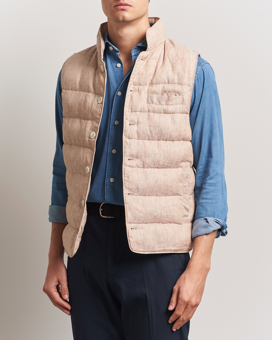 Men | Gilets | Stenströms | Linen Padded Button Vest Beige