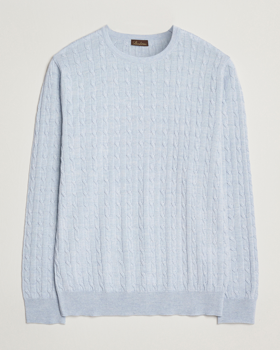 Men | Sweaters & Knitwear | Stenströms | Merino Cable Crew Neck Light Blue