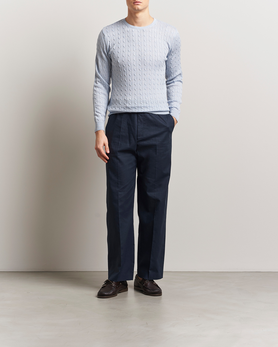 Men | Sweaters & Knitwear | Stenströms | Merino Cable Crew Neck Light Blue