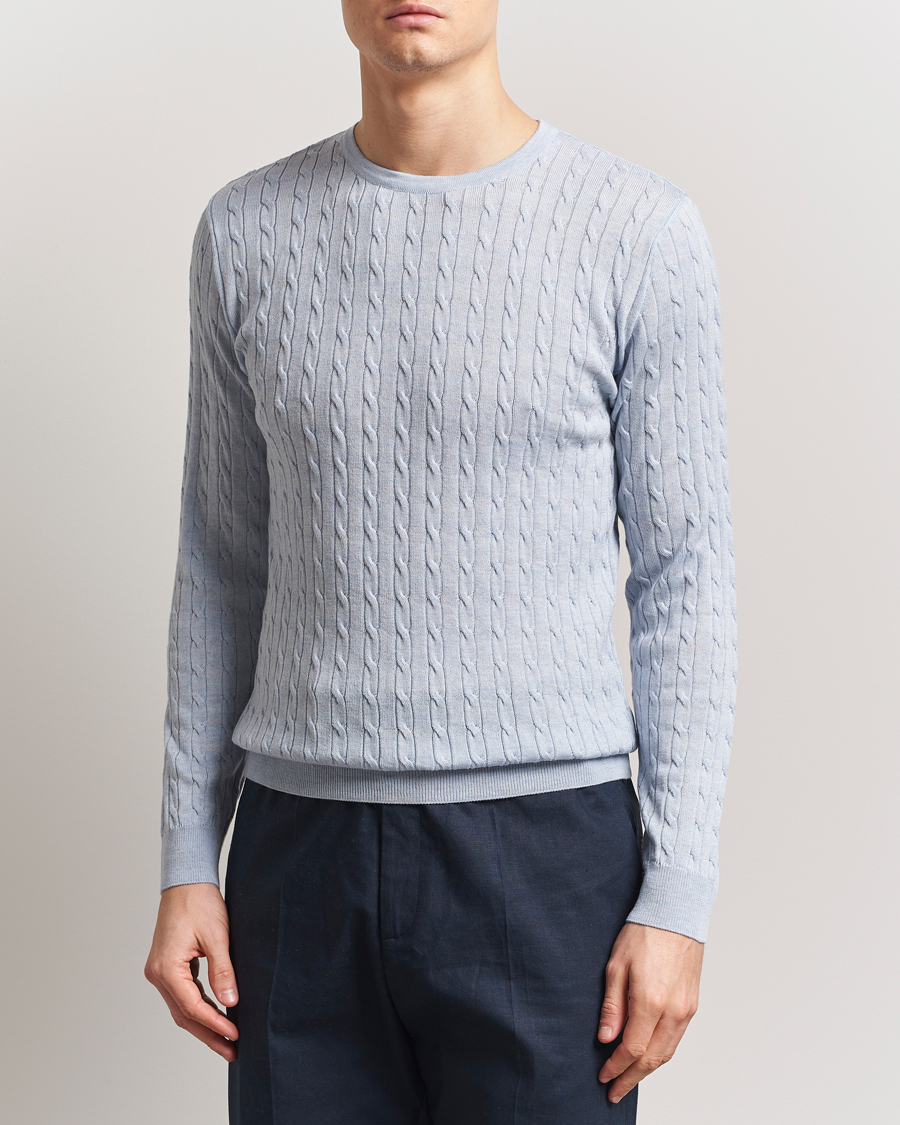 Men | Sweaters & Knitwear | Stenströms | Merino Cable Crew Neck Light Blue