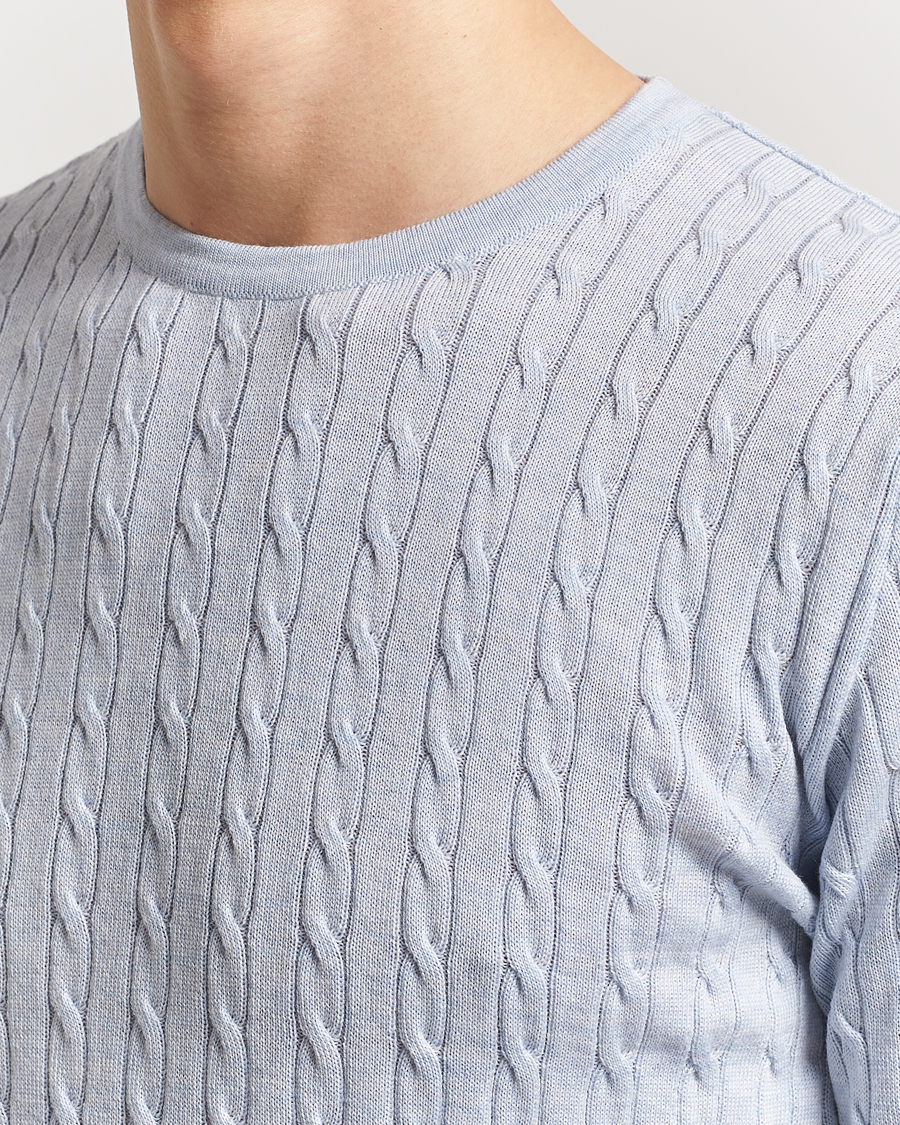 Men | Sweaters & Knitwear | Stenströms | Merino Cable Crew Neck Light Blue
