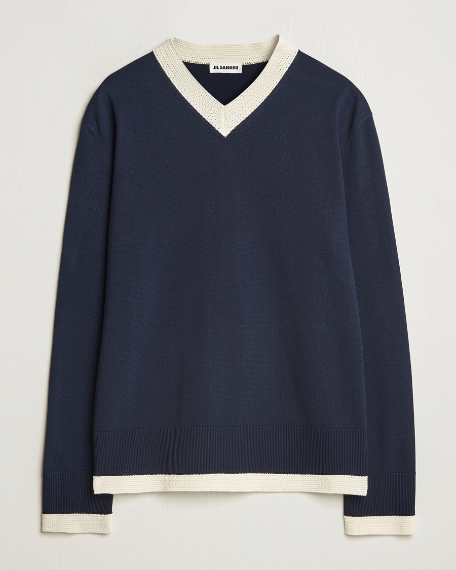 Men | Sweaters & Knitwear | Jil Sander | Contrast Trim V-Neck Sweater Navy