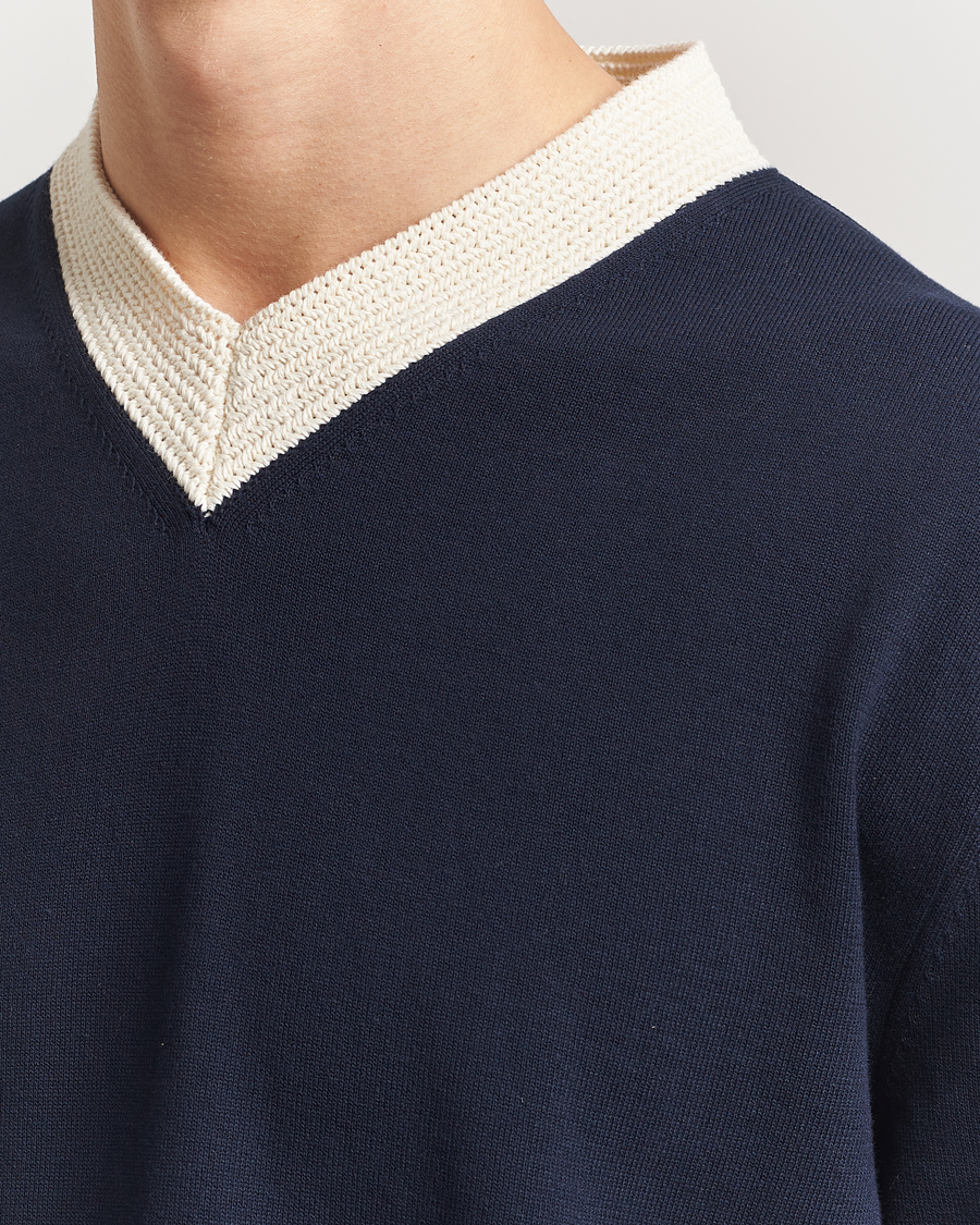Men | Sweaters & Knitwear | Jil Sander | Contrast Trim V-Neck Sweater Navy