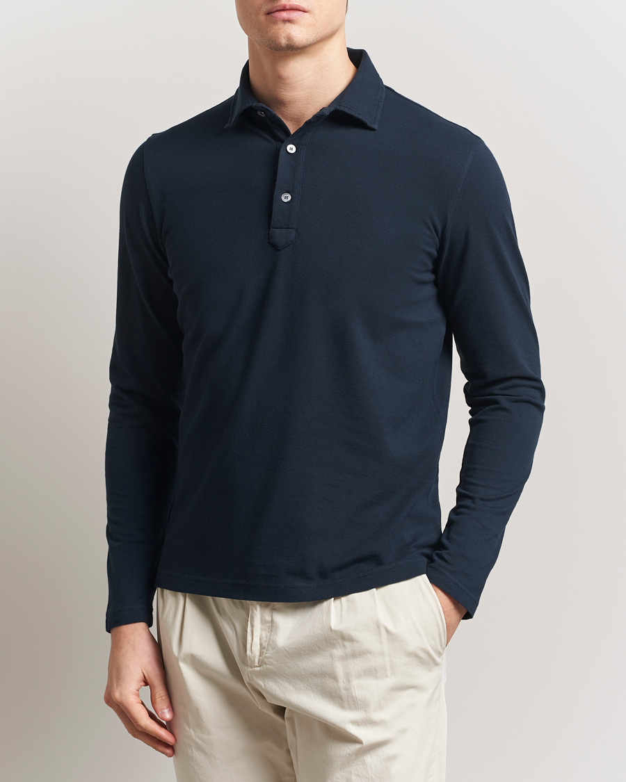 Men | Polo Shirts | Zanone | Soft Cotton Piquet Long Sleeve Polo Navy