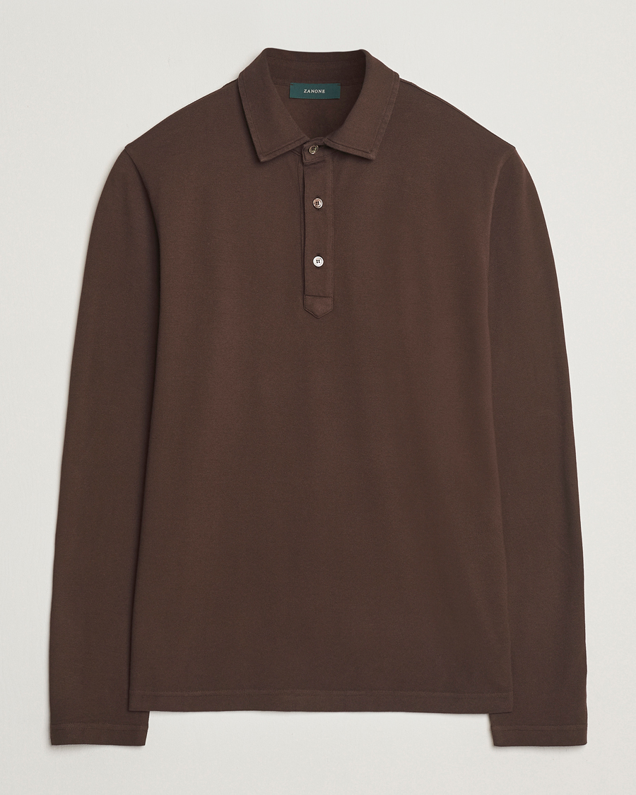 Men | Polo Shirts | Zanone | Soft Cotton Piquet Long Sleeve Polo Dark Brown