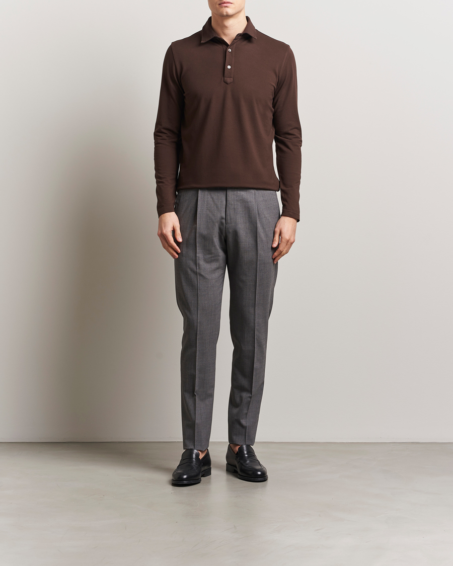 Men | Polo Shirts | Zanone | Soft Cotton Piquet Long Sleeve Polo Dark Brown