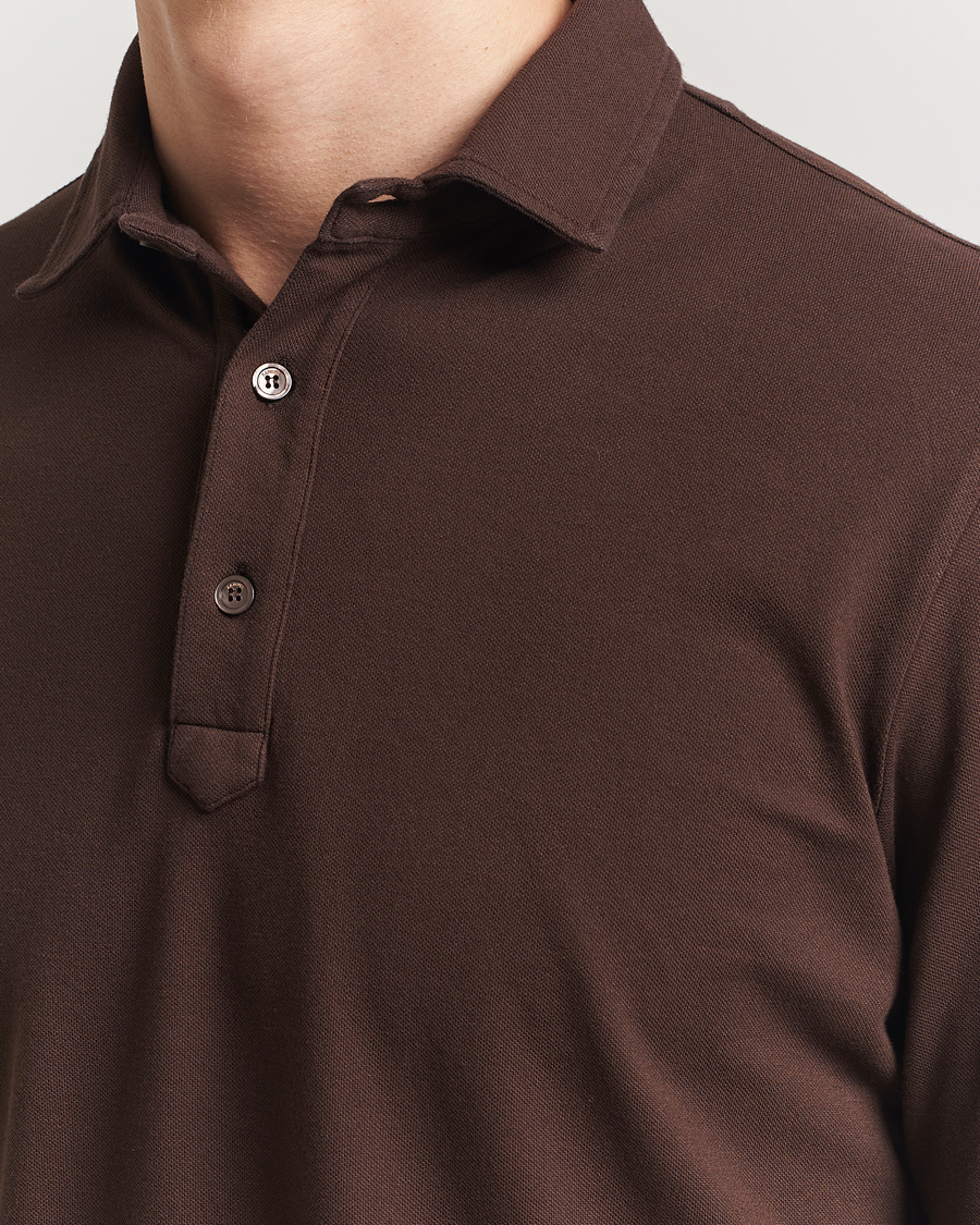 Men | Polo Shirts | Zanone | Soft Cotton Piquet Long Sleeve Polo Dark Brown