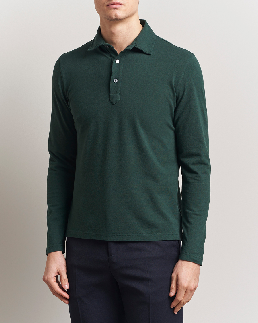 Men | Polo Shirts | Zanone | Soft Cotton Piquet Long Sleeve Polo Dark Green