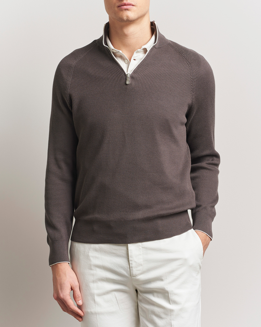 Men | Sweaters & Knitwear | Brunello Cucinelli | Cotton Rib Half Zip Dark Brown