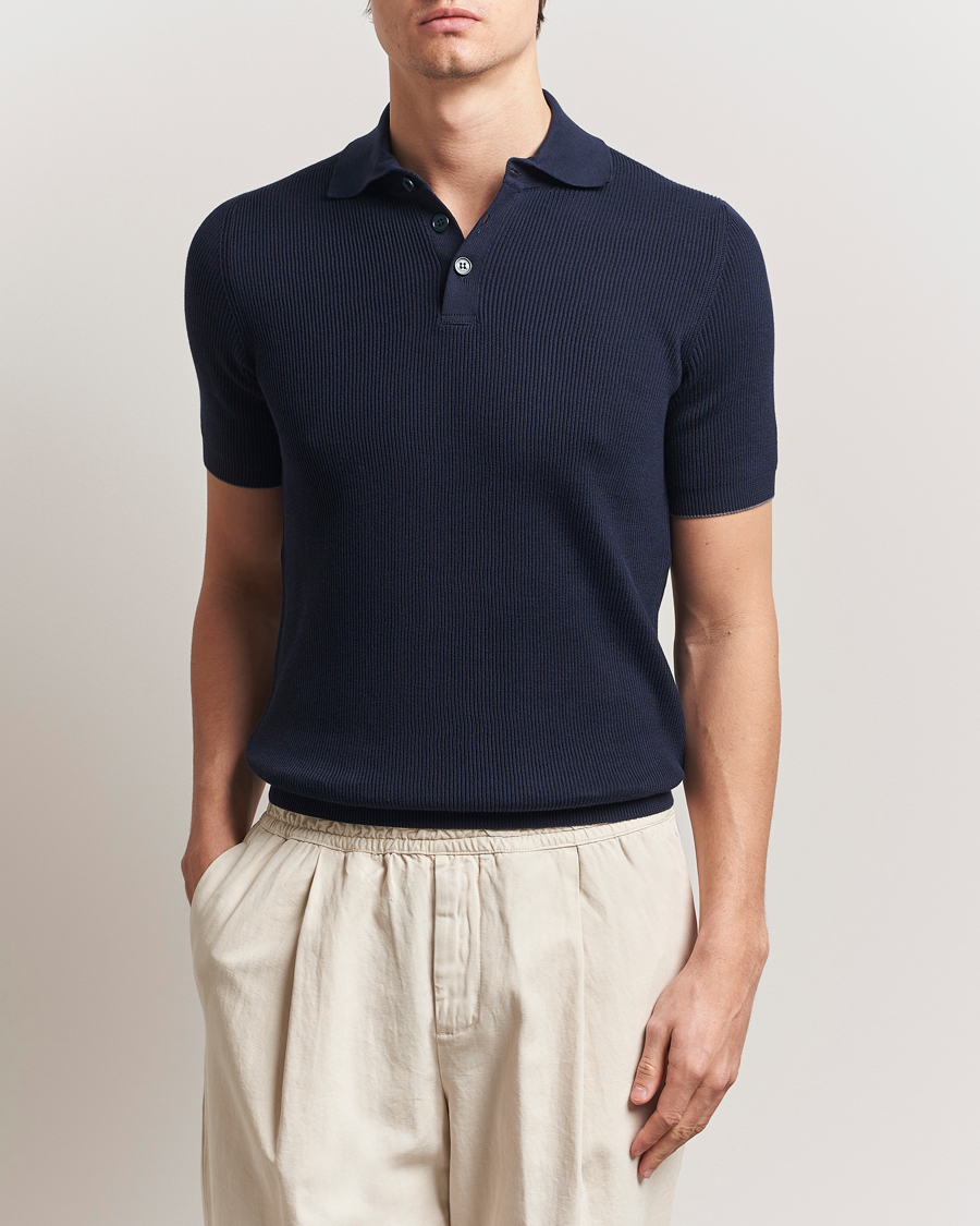 Men | Polo Shirts | Brunello Cucinelli | Cotton Rib Knitted Polo Navy