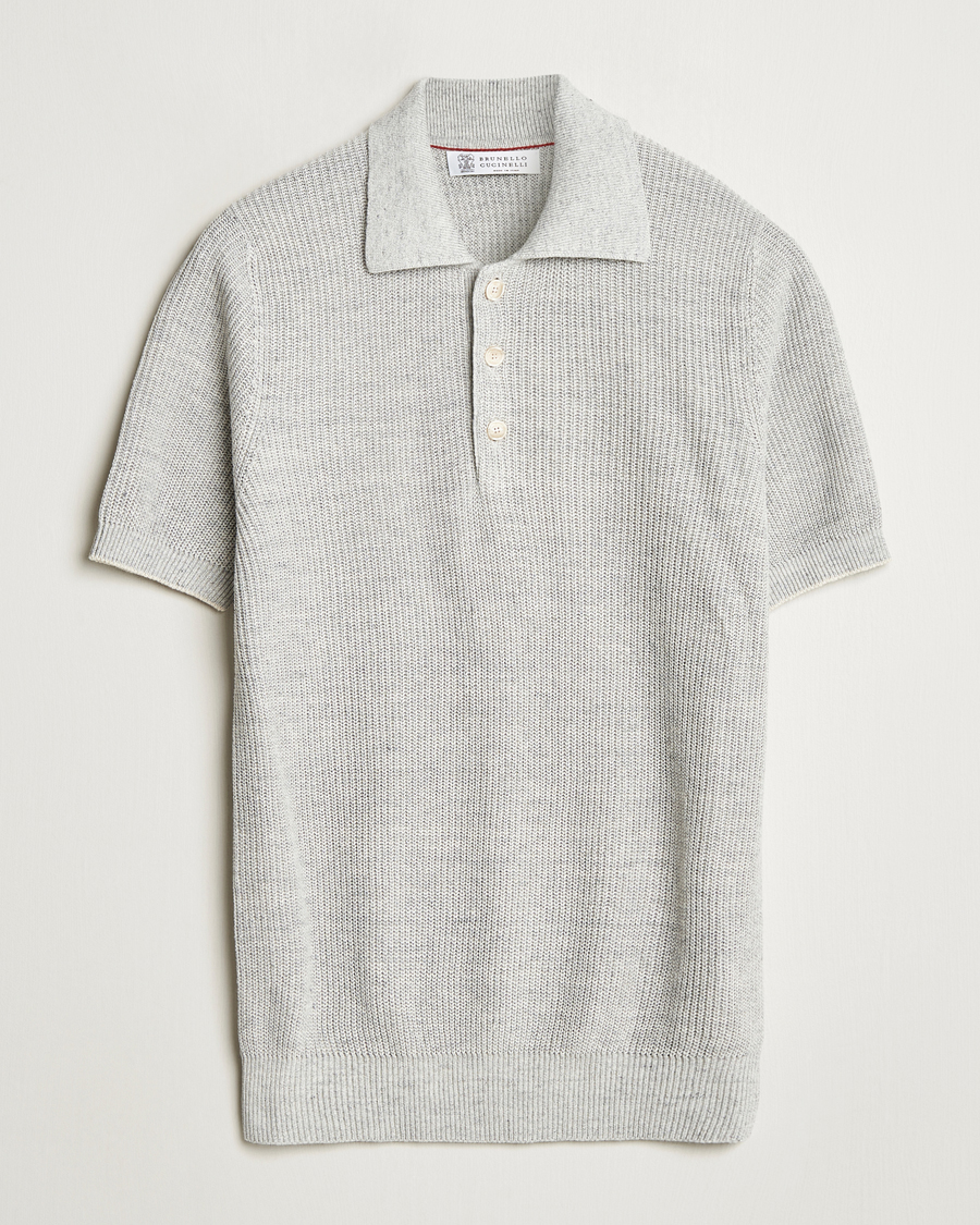 Men | Polo Shirts | Brunello Cucinelli | Linen Rib Knitted Polo Pearl Grey