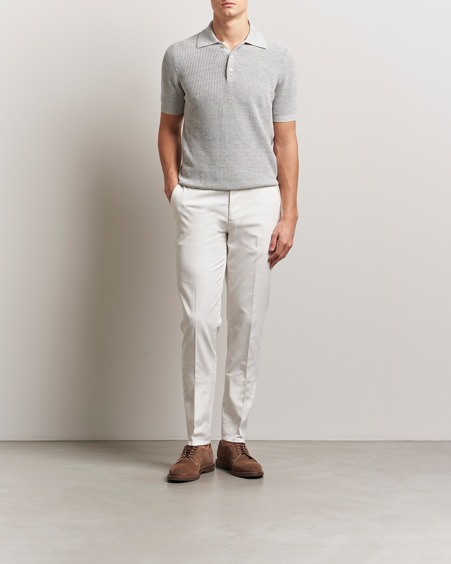 Men | Polo Shirts | Brunello Cucinelli | Linen Rib Knitted Polo Pearl Grey