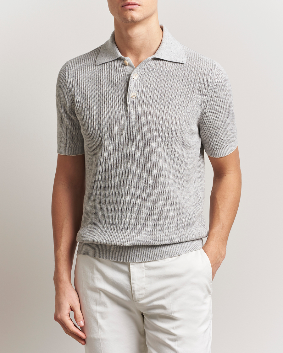 Men | Polo Shirts | Brunello Cucinelli | Linen Rib Knitted Polo Pearl Grey