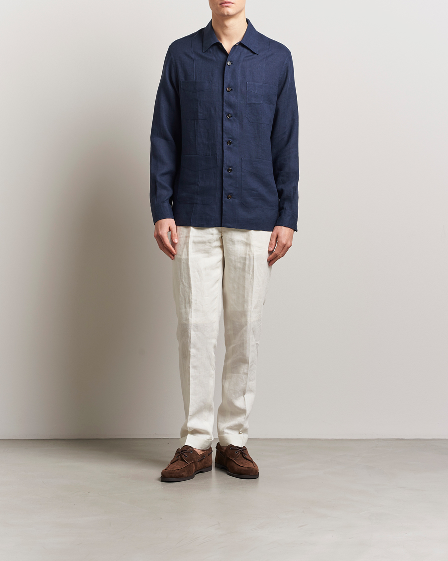 Men | Shirts | Brunello Cucinelli | Cuban Linen Shirt Jacket Dark Blue